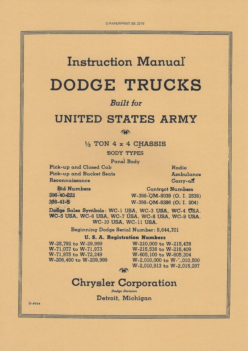 DODGE ½ TON 4x4 1940 INSTRUCTION MANUAL DODGE ½ TON 4x4 1940 INSTRUCTION MANUAL